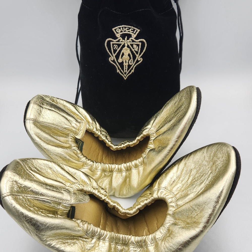 Rare Vintage Gucci Gold Leather Fold Up Ballet Flats with Original Bag